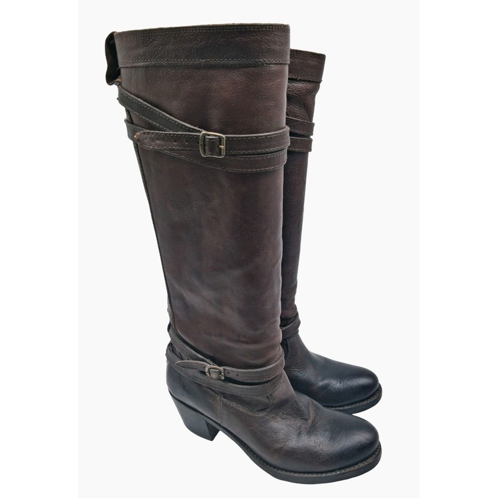 FRYE Leather Riding Boots Womens 7 Brown Knee High Tall Buckle Strap Block Heel